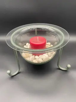 PartyLite Table Top Seville Wrought Iron Stand w Glass Bell Bowl, Candle & Rocks