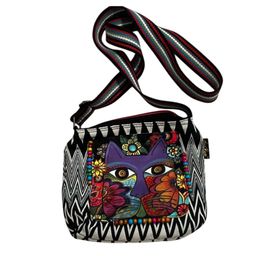 Laurel Burch Colorful Cat Canvas Crossbody Bag – Beaded Purse 10”x9”- Adjustable Woven Strap