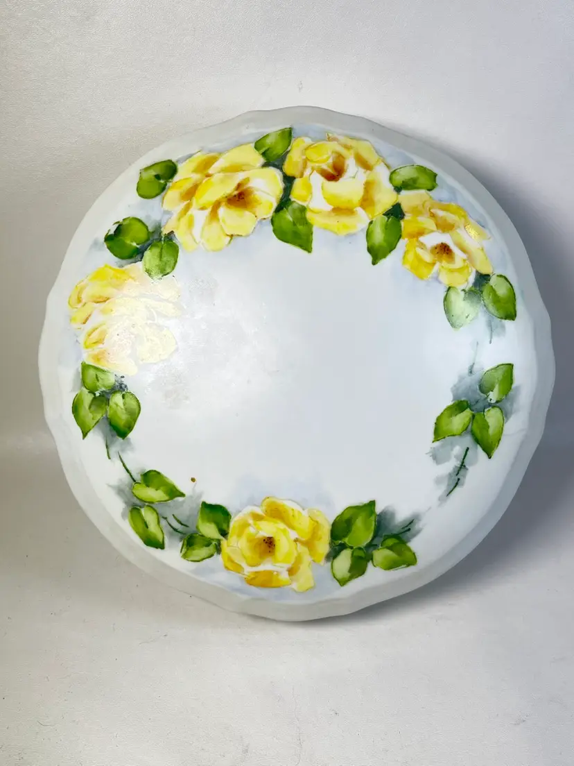 Large Vintage Signed Hand Painted Ceramic Dresser Box With Yellow Roses Trinket Jewelry Vanity Box 7”