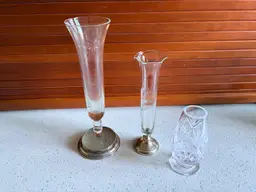 Set If 3 Sterling Base And Crystal Bud Vases