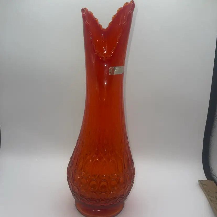 L.E. Smith Orange/Amberina "Thousand Eye" Fat Bottom Swung Vase 16” Glows
