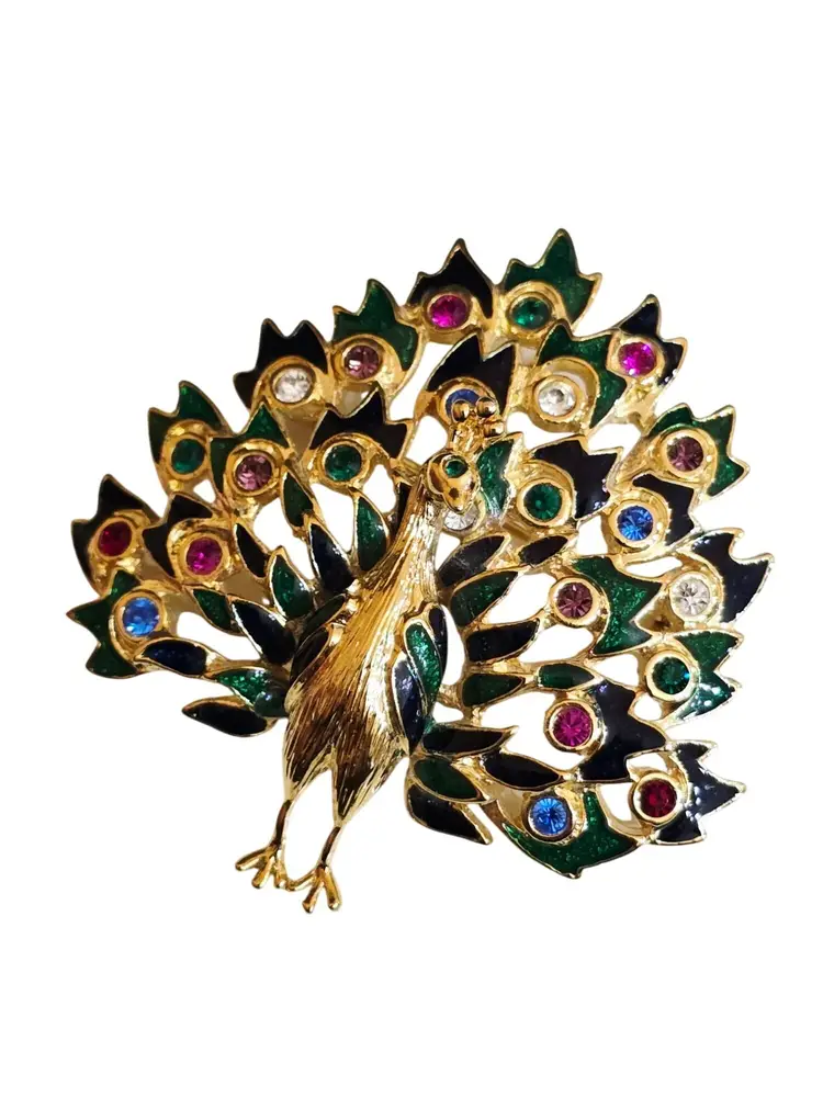 Contemporary Enamel Rhinestone Peacock Brooch (A9434)