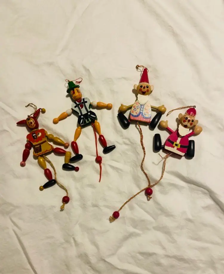 Vintage Set of Vintage String Wood Pull Toy Dolls Retro Folk Art Rustic Farmhouse Mid Century