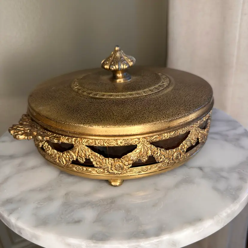 🔔 Antique Hollywood Regency Apollo Studios Gilt Filigree Vanity Box Amber Starburst Glass