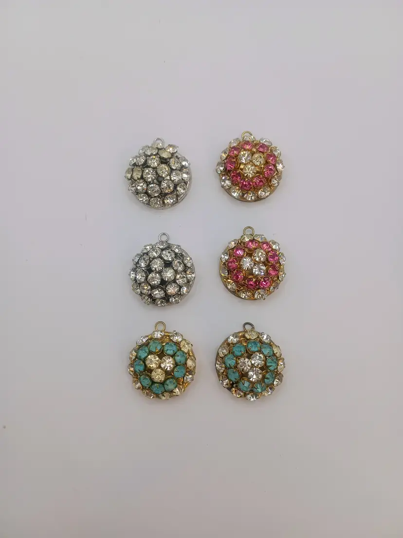 Vintage 1950s Pink, Blue and Clear Rhinestone Pendants for Jewelry, Set of 6.