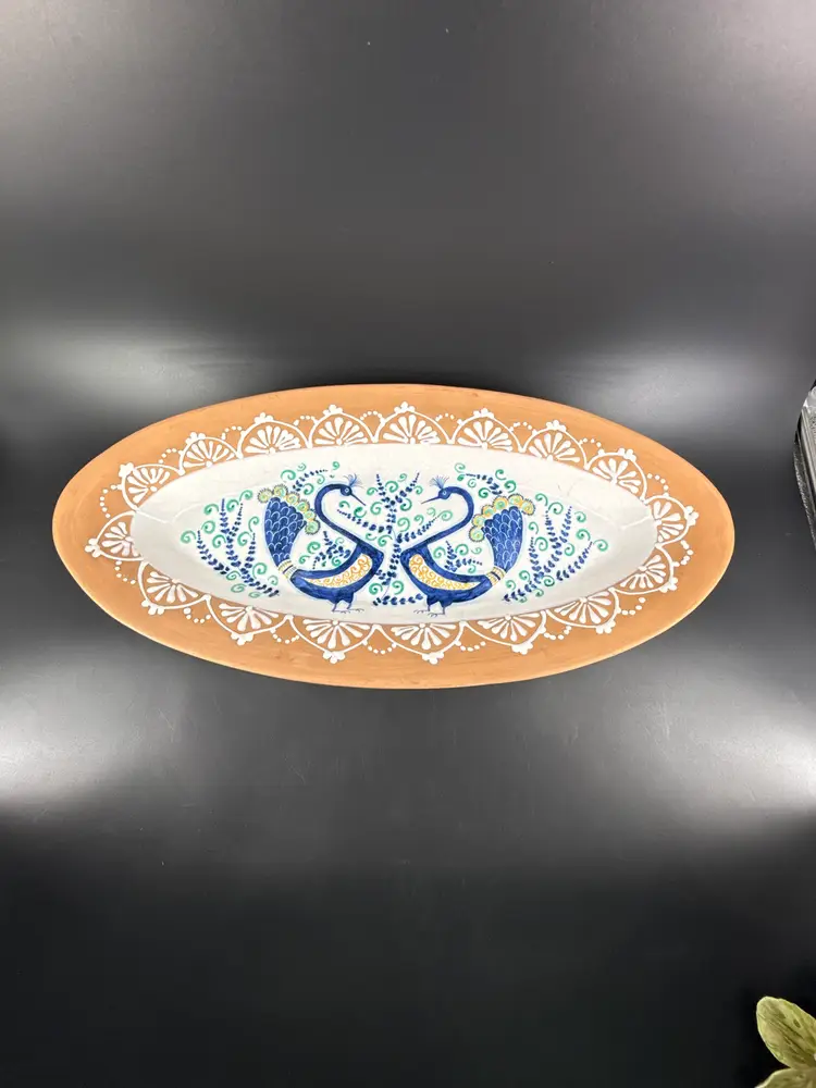 Vtg Italian Val Demone 23"x10.75" Hand Painted Double Peacock Wall Hanging Terracotta