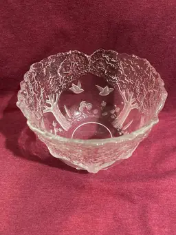 Vtg Mikasa Versatile Crystal Glass Bowl with Birds & Trees, Frosted/Clear