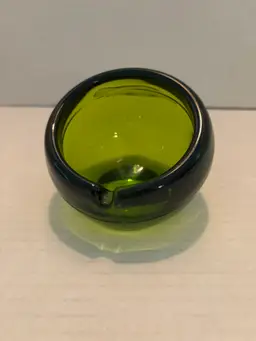 Vintage MCM Viking Green Orb Ashtray Glass Single Slot Hand Blown 3.5in Tall