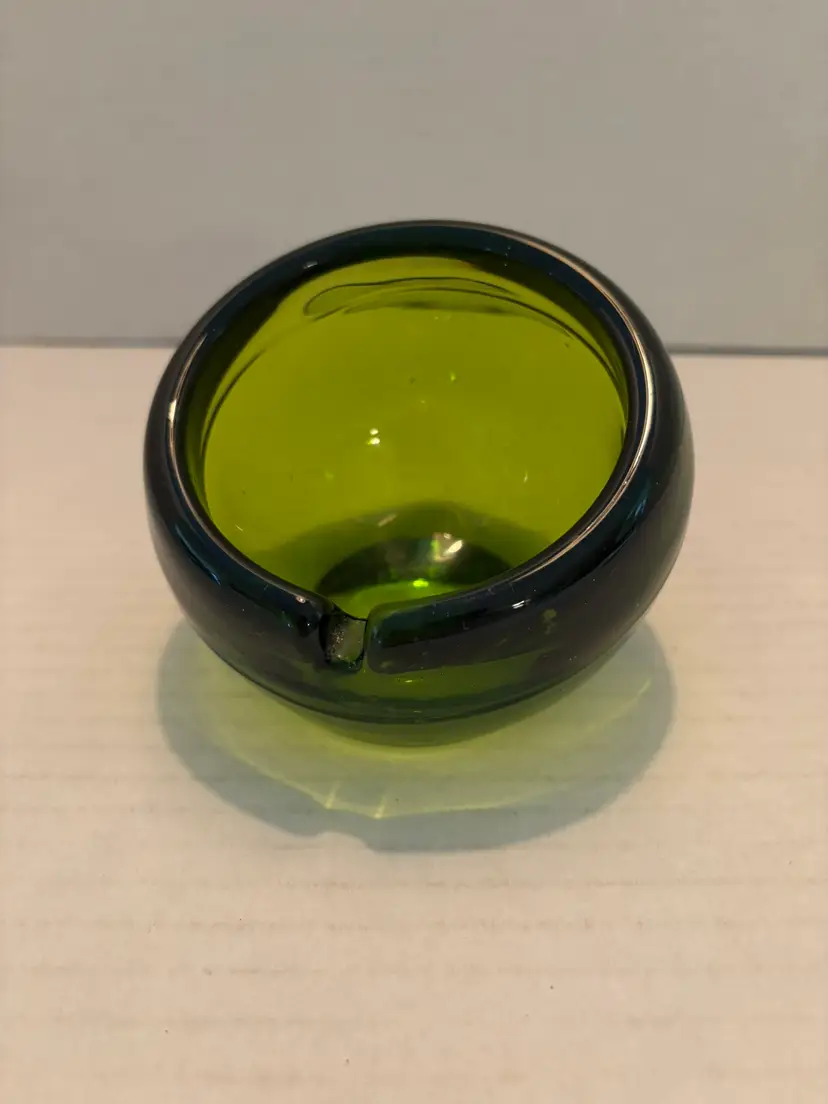 Vintage MCM Viking Green Orb Ashtray Glass Single Slot Hand Blown 3.5in Tall