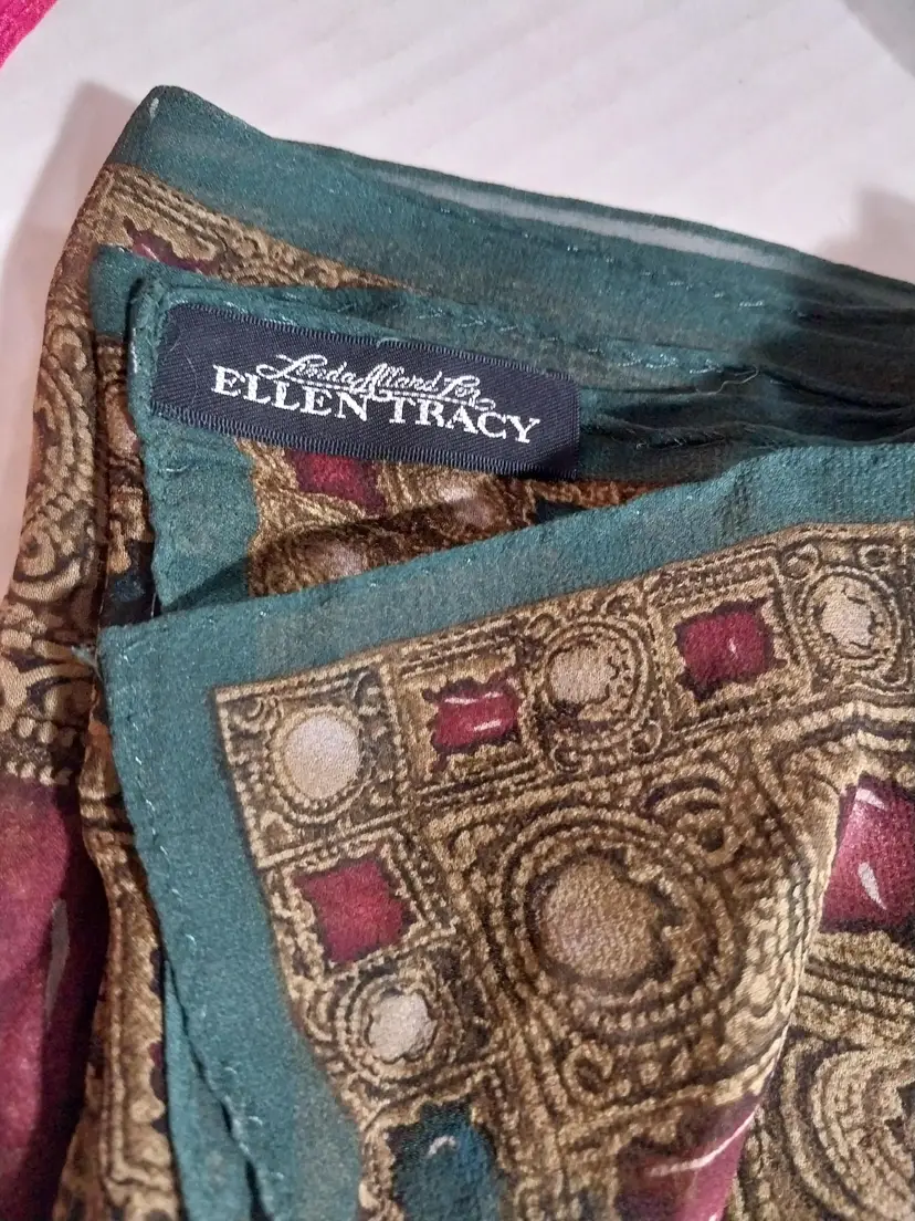 Vintage & Rare Linda Allard for Ellen Tracy  Oblong Large Gemstones Pattern Multi-Color Silk Scarf 58x15, Made in Japan