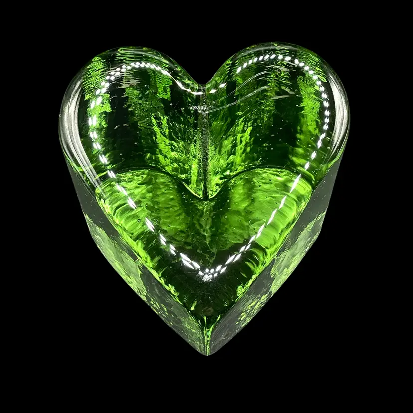 VTG 2000 Fire and Light Heart Paperweight Recycled Glass Celery Green Signed
