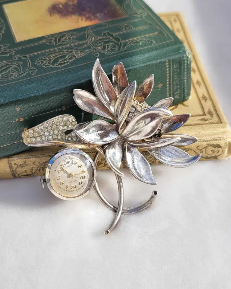 Vtg 40s Sterling Silver Cort Floral Rhinestone Brooch Mechanical Watch - Works!