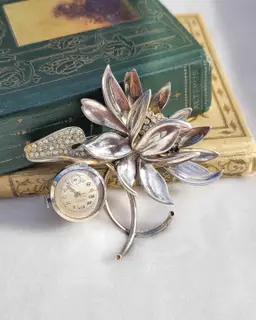 Vtg 40s Sterling Silver Cort Floral Rhinestone Brooch Mechanical Watch - Works!