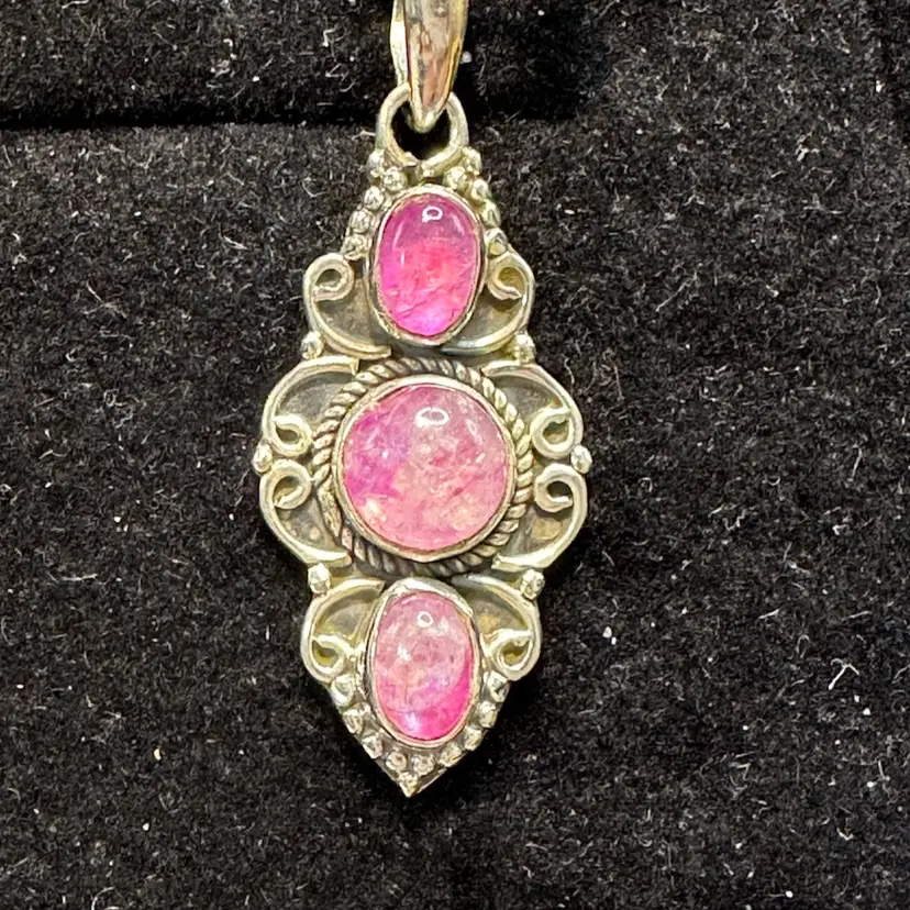 Southwestern Sterling 925 3 Pink Rainbow Round & Oval Moonstones Pendant