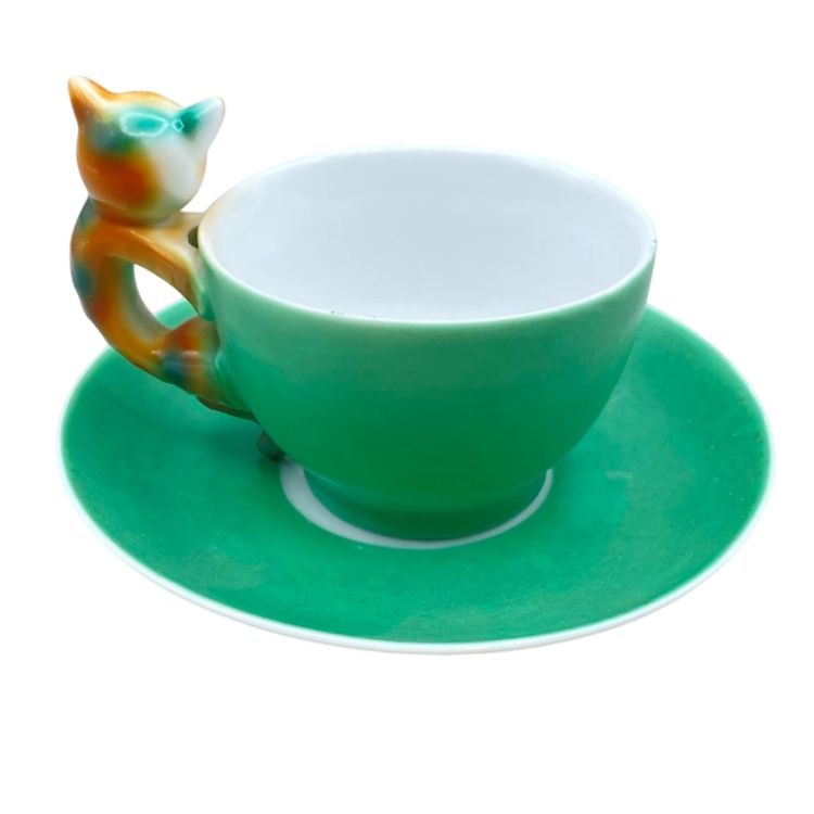 Art Deco Beyer and Boch Cat Handle Porcelain Teacup and Saucer Antique
