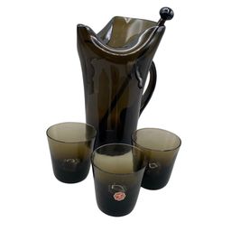 Vintage Italian Glass Pitcher Stir Glasses 3 Brown Amber Retro Original Label READ