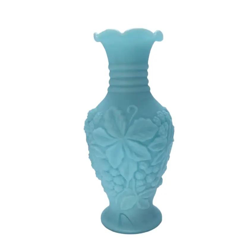 Imperial Glass Loganberry Blue Matte Milk Glass Vase Flowers Berries Ruffle