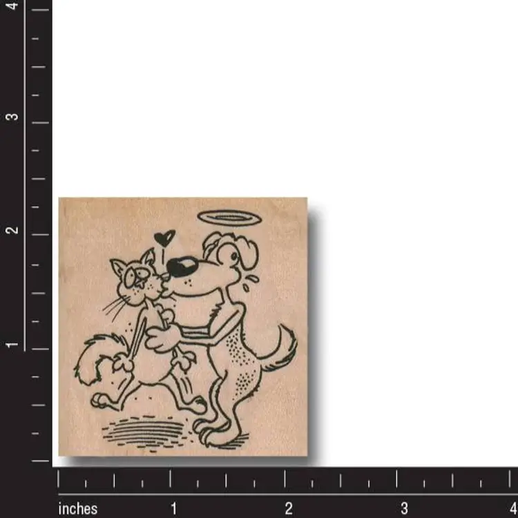 Angel Dog Kissing Cat Rubber Stamp