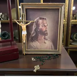 Religious Lot Brass Crucifix, Green Glass Rosary, & Framed Jesus Litho
