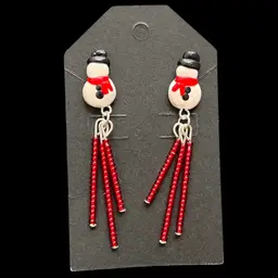 Handmade By Me - Polymer Clay Snowman Earrings With Red Seed Bead Tassel, Handmade Christmas Earrings, Made By NN Artist