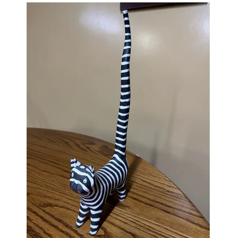 Wooden Cat Long Tail Hand-Carved/Painted Folk Art White Black Striped signed N
