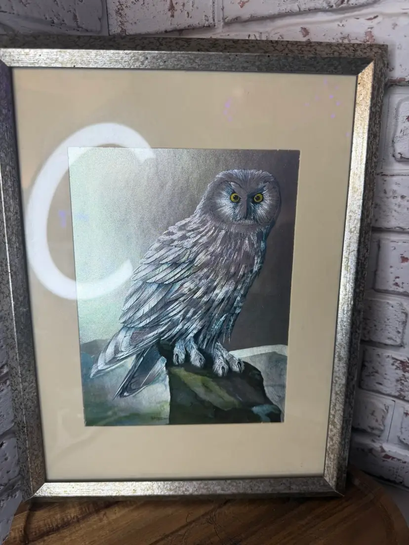 Owl Foil Picture In A Frame As Is Vintage Owl Framed Print Signed R.J. Smith