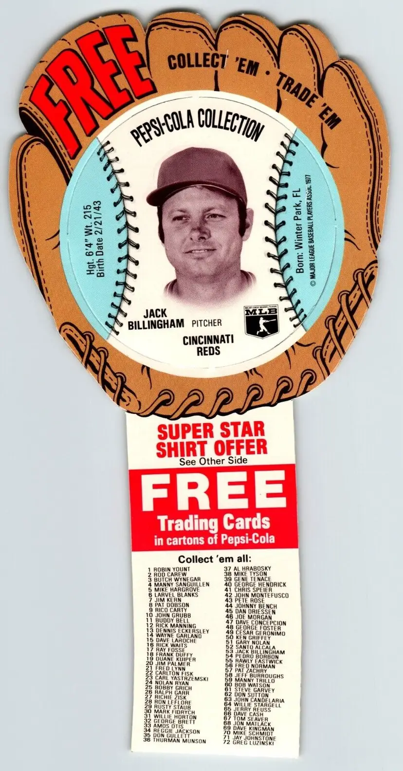 Pepsi-Cola Baseball Trading Card 1977 Jack Billingham Cincinnati Reds MLB Trade