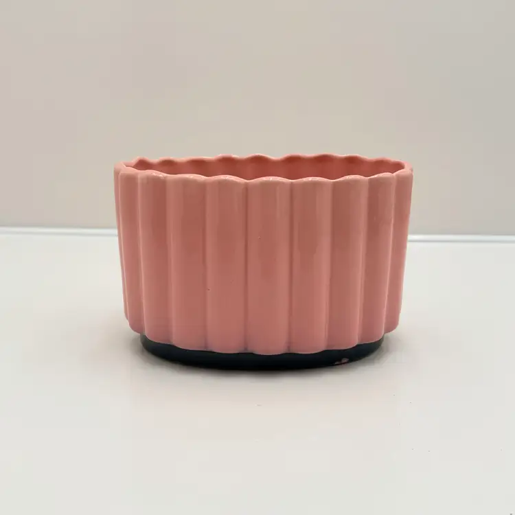 Mid Century Pink And Black Scalloped Ceramic Planter