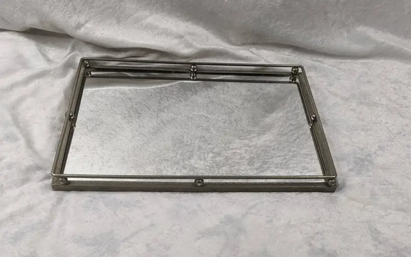 Vtg Square Brass Rail Mirror Vanity Dresser Tray MCM Hollywood Regency 13”x10” Bedroom bath decor Glass Display