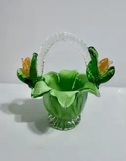 Vintage Hand Blown Glass Basket with Applied Flowers