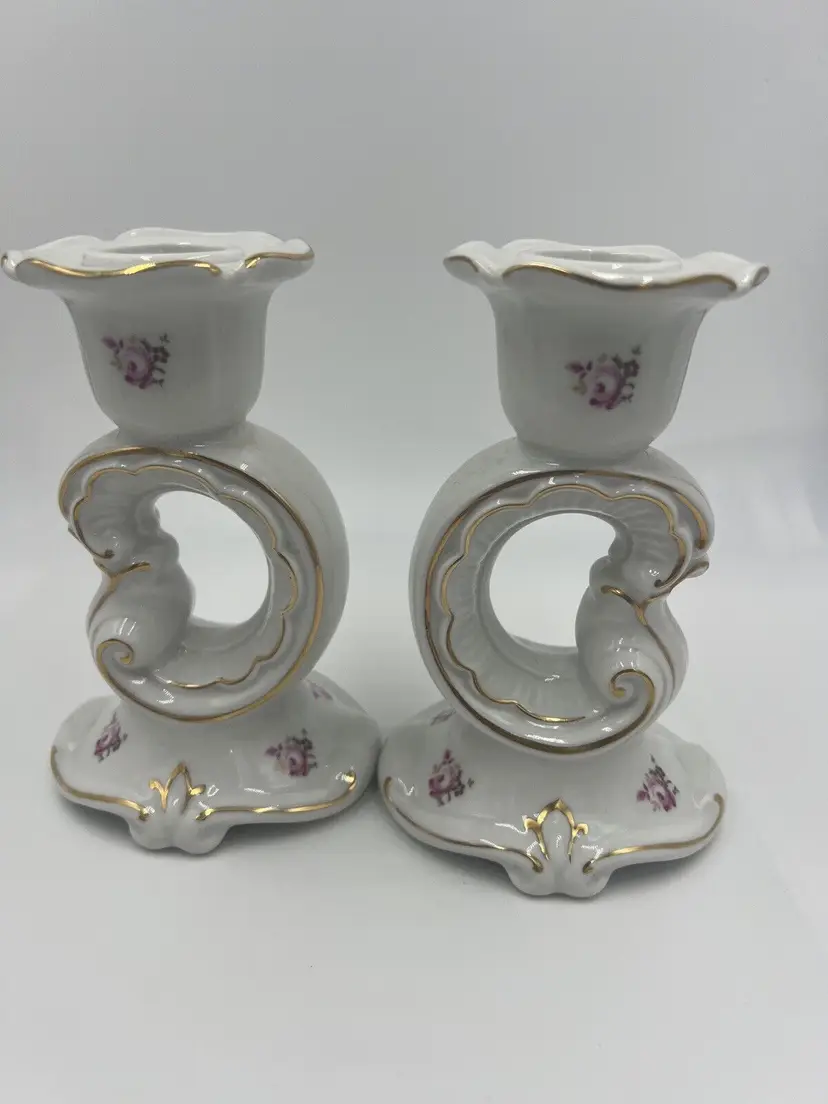 Weimar Candle Holders Porcelain Floral Gold Trim Germany Vintage Set of 2