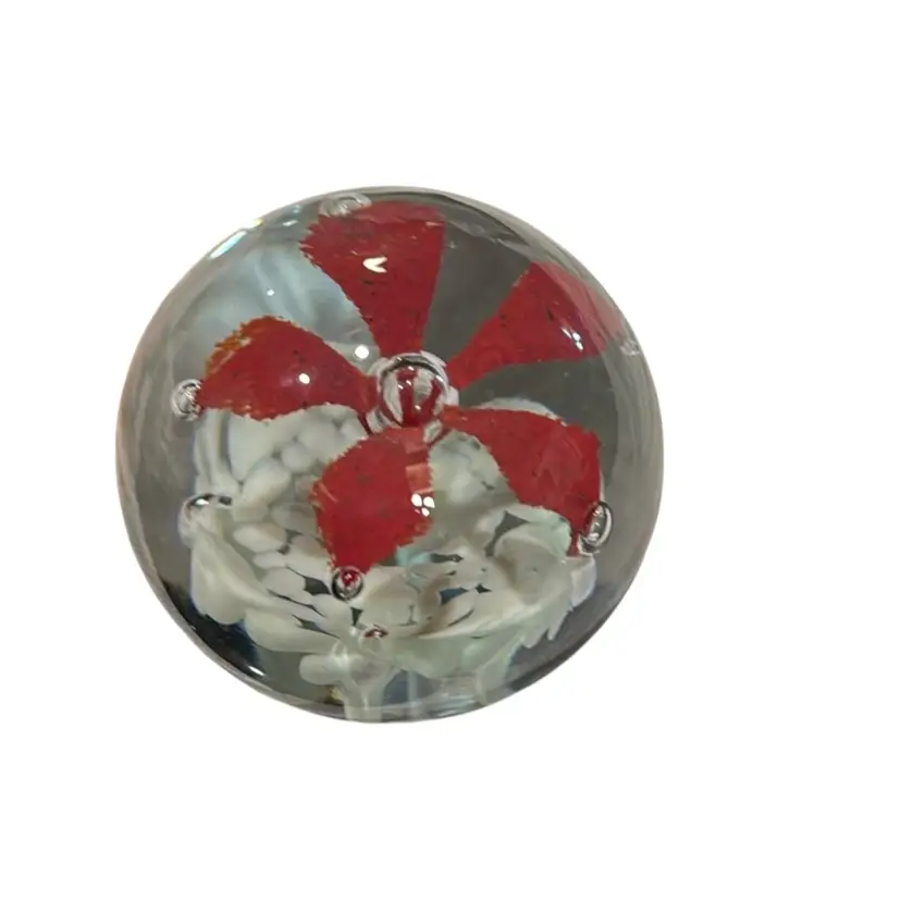 Vintage Art Glass Mouth Blown “Pointsettia” Ice Pick Red Flower On White  Frit Base - Controlled Bubble Petal Tips 3”