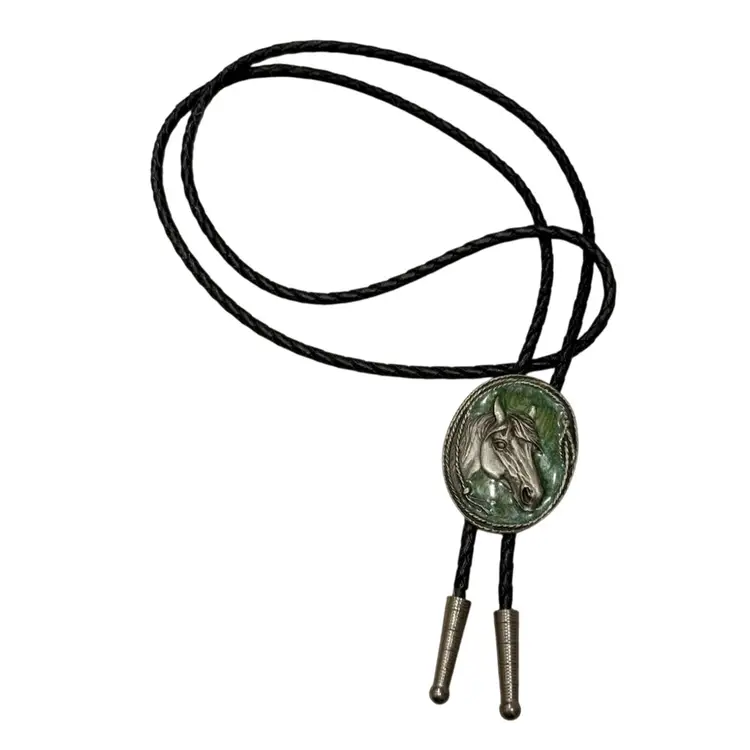 Vintage 1987 Pewter Bolo Tie Green Enamel Horse Bolo 1.65”