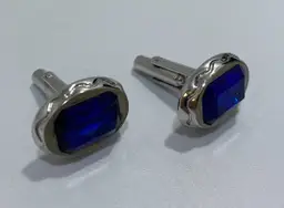 Vintage Hickok Faux Blue Rhinestone Oval Silver tone Cufflinks