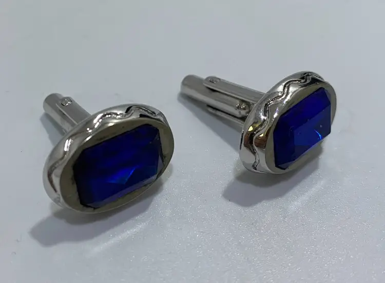 Vintage Hickok Faux Blue Rhinestone Oval Silver tone Cufflinks