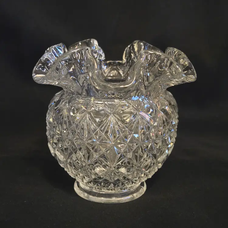 Fenton Rose Bowl Vase Fine Cut & Block Ruffled Top Clear Glass 4¼" Tall × 5" Diameter Approximately Vintage