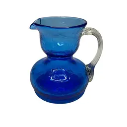 Vintage Cobalt Blue Crackle Mini Glass Pitcher @ 3 1/2” Tall