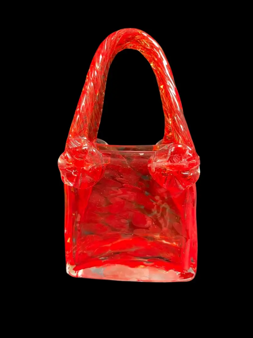 #01 Red & Clear Art Glass Hand Bag-w/ Twisted Rope Like Handles-The Red Has Hints of Orange. Clear Glass is UV Reactive w/ 365. With a 395 I'm Pretty Sure It Would Also Glow Orange. Lot 60