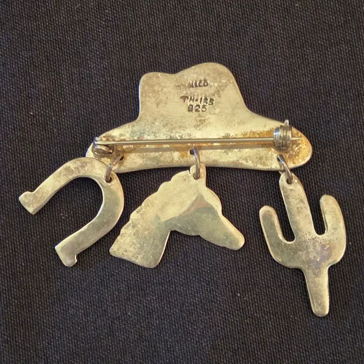 Cowboy Hat with Dangles Horse Cactus Horseshoe Brooch Charm Pin Stamped Mexico TM-135 925 Silver Vintage