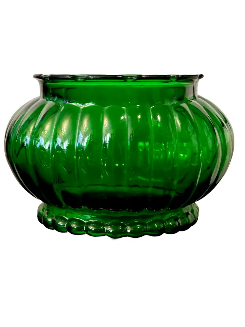 Vintage ALR Co Emerald Green Glass Ribbed Oval Vase Planter Bowl Scalloped Edge, Melon Shape - R-18