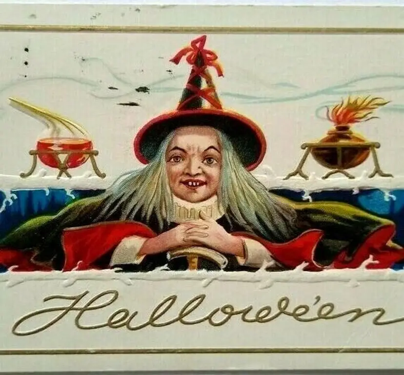 Halloween Postcard Witch Magic Potion Laboratory H-24 Embossed Original