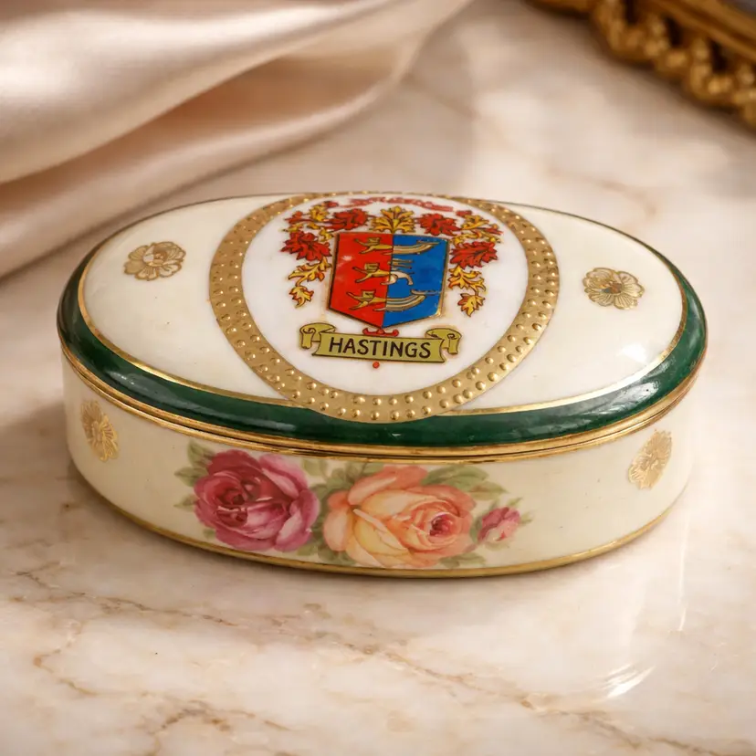 Vintage Hand Painted Porcelain Trinket Box w/ "Hastings" Coat of Arms