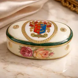 Vintage Hand Painted Porcelain Trinket Box w/ "Hastings" Coat of Arms