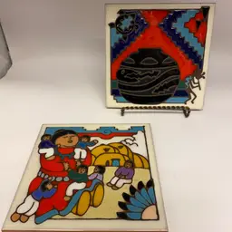 #3023 Storyteller And Kopekeli  trivets Pair ceramic art tile 6 x 6 inch USA Wonderworks Hand crafted