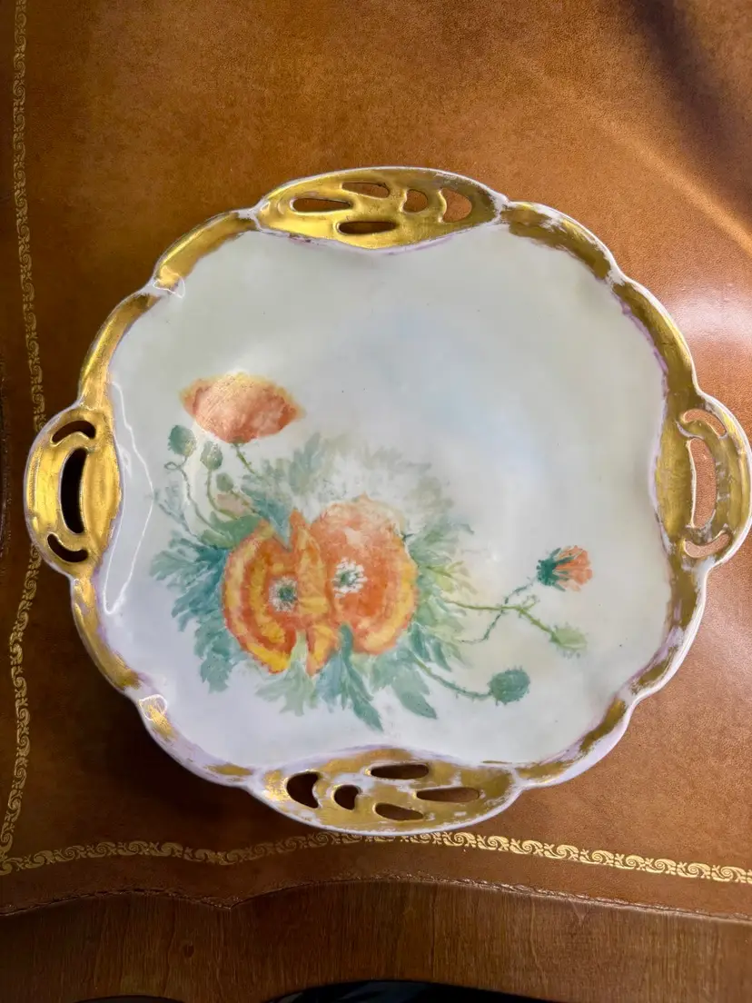 Vintage 10” Porcelain Plate  HR BAVARIA Hand Painted Orange Poppies Gold Rim