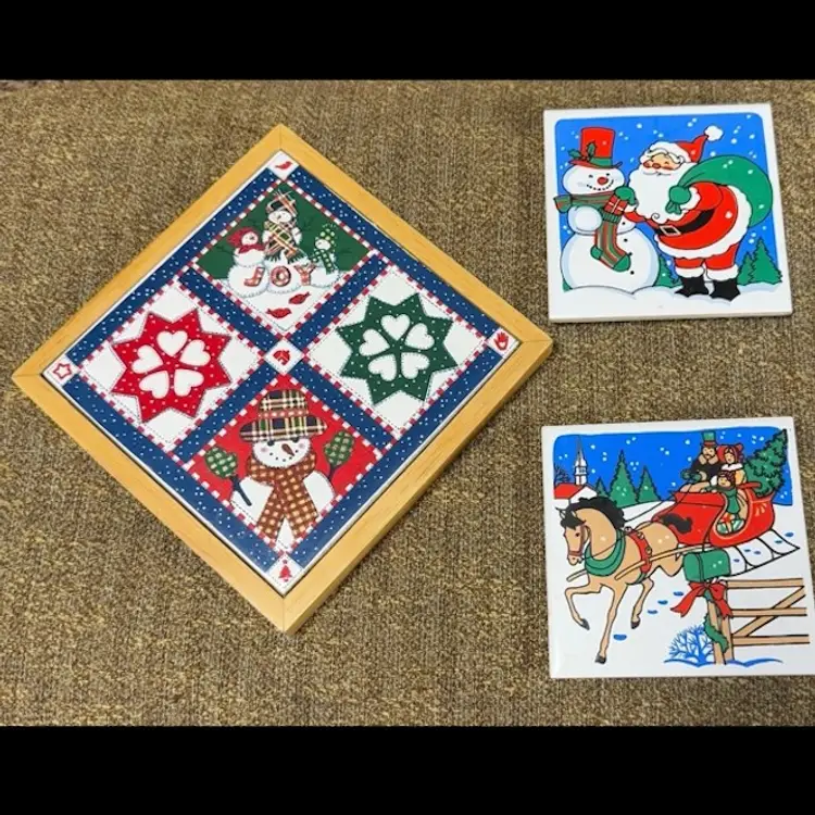 Vintage Jasco Christmas Tiles/Trivet With Christmas Trivet Wood Framed Holiday