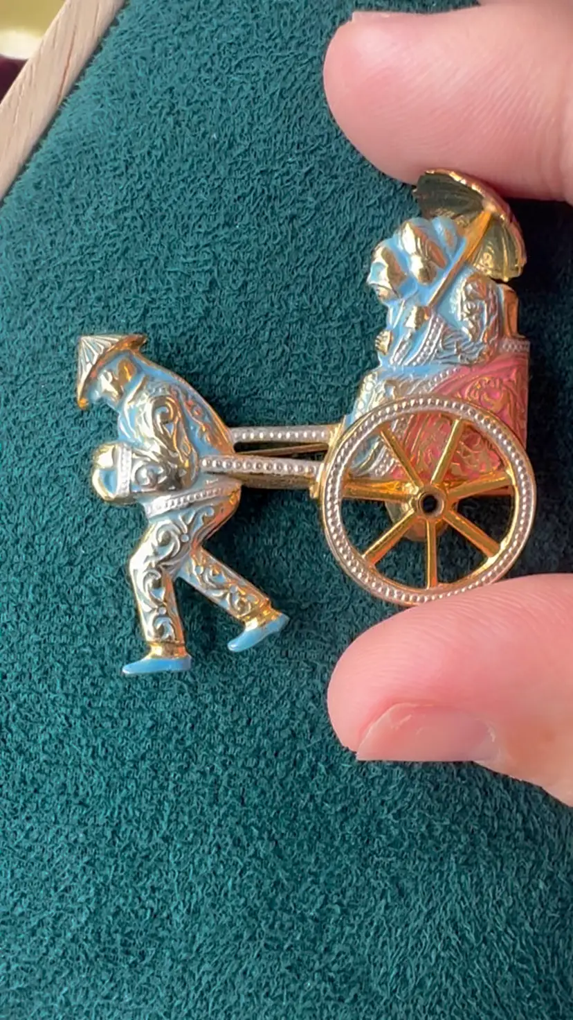 Vintage Signed Spain Damascene Enamel Wagon Chariot Puller Brooch Pin