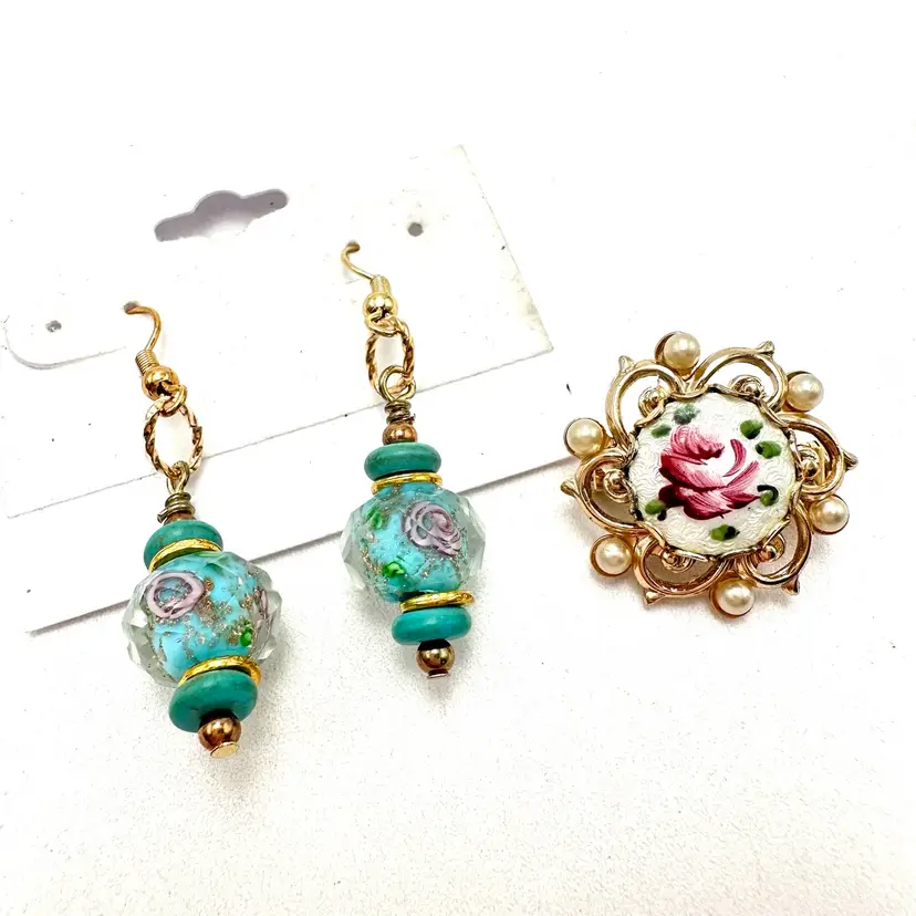 Pink Rose Paired Brooch Earrings Gold Tone Paired Bridgerton Inspired Jewelry Lot