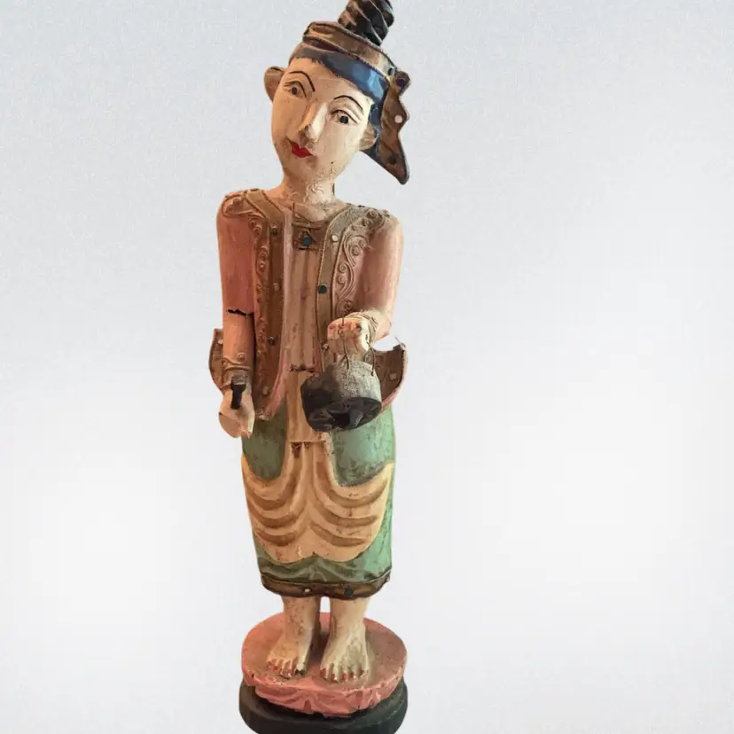 Vintage Hand Carved And Painted Wooden Figurine From Thailand Or Burma
