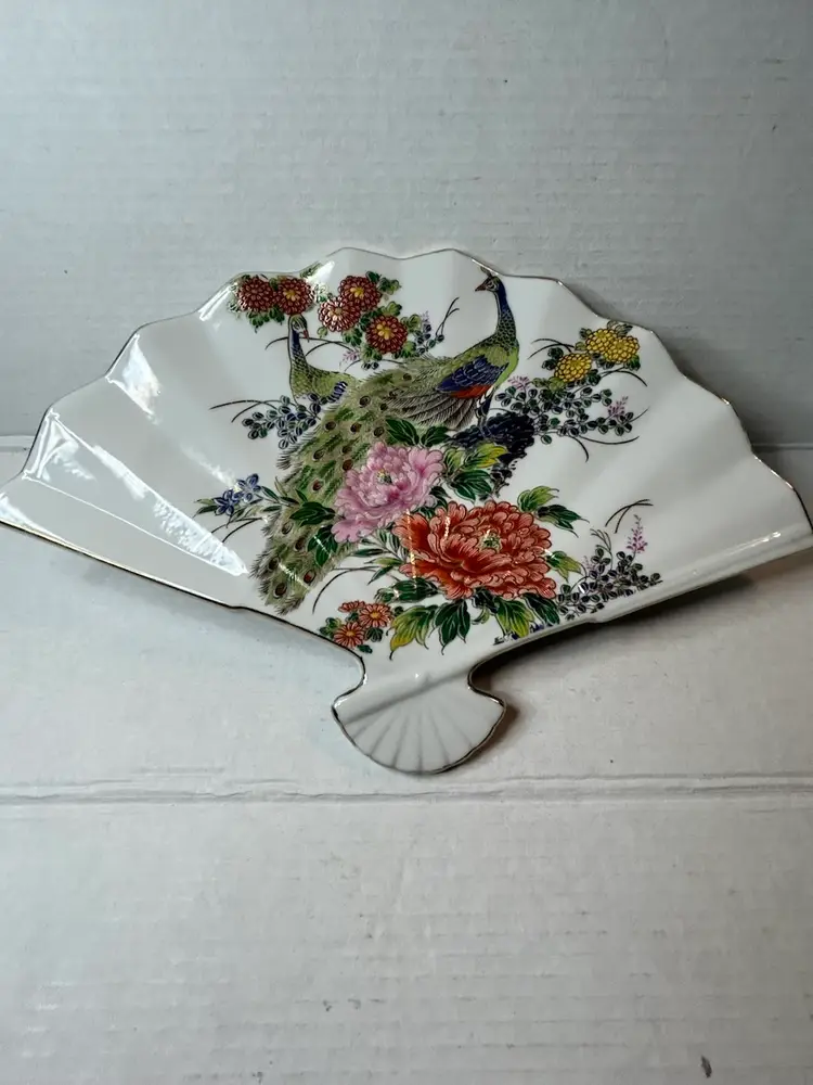 Vintage Japanese Porcelain Fan Trinket Dish Peacock W/ Flowers Scalloped Edge